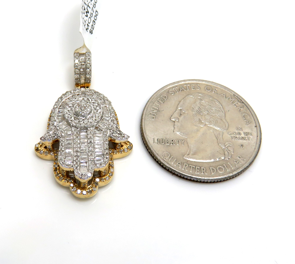 14k two tone gold baguette diamond medium double layered hamsa pendant 1.06ct