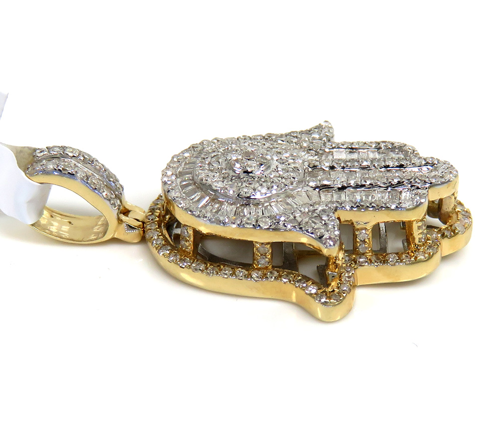 14k two tone gold baguette diamond medium double layered hamsa pendant 1.06ct