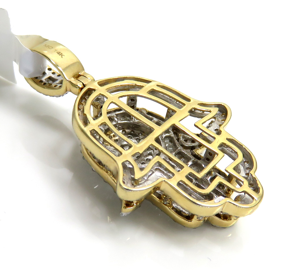 14k two tone gold baguette diamond medium double layered hamsa pendant 1.06ct