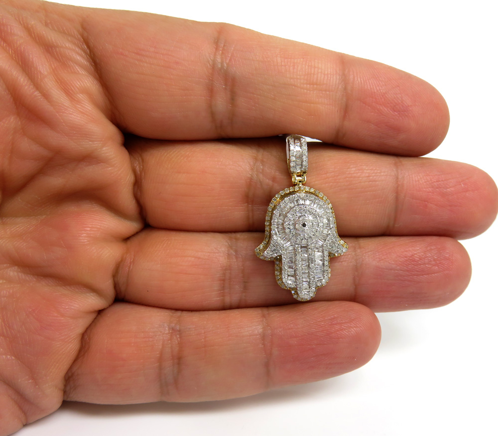 14k two tone gold baguette diamond medium double layered hamsa pendant 1.06ct