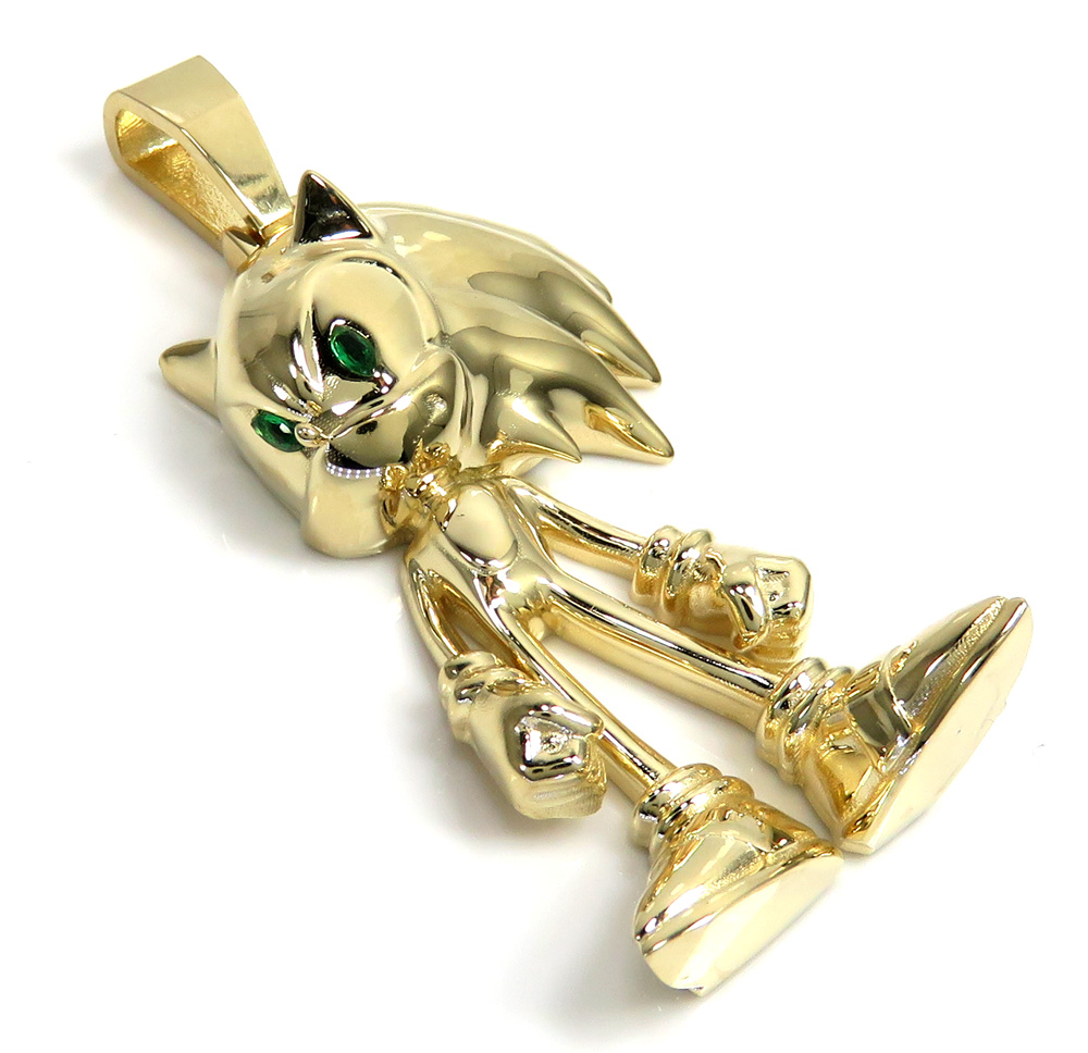 14k yellow gold sonic the hedgehog green eyes cz pendant 0.10ct
