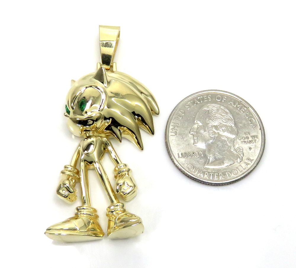 14k yellow gold sonic the hedgehog green eyes cz pendant 0.10ct