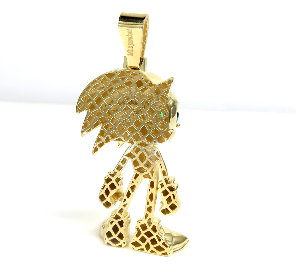 14k yellow gold sonic the hedgehog green eyes cz pendant 0.10ct