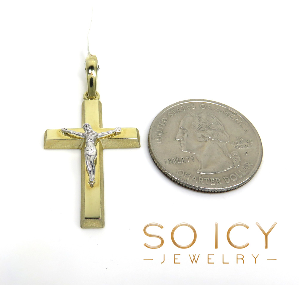 14k two tone gold brick italian jesus cross pendant