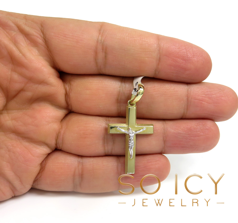 14k two tone gold brick italian jesus cross pendant