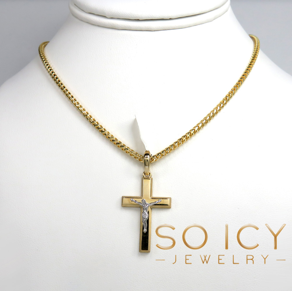 14k two tone gold brick italian jesus cross pendant