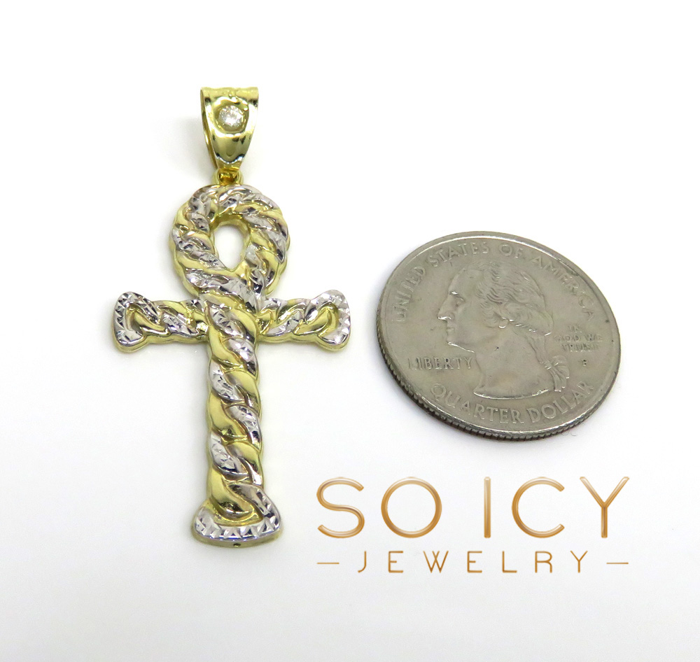 10k yellow gold small hollow diamond cut cuban ankh cross 