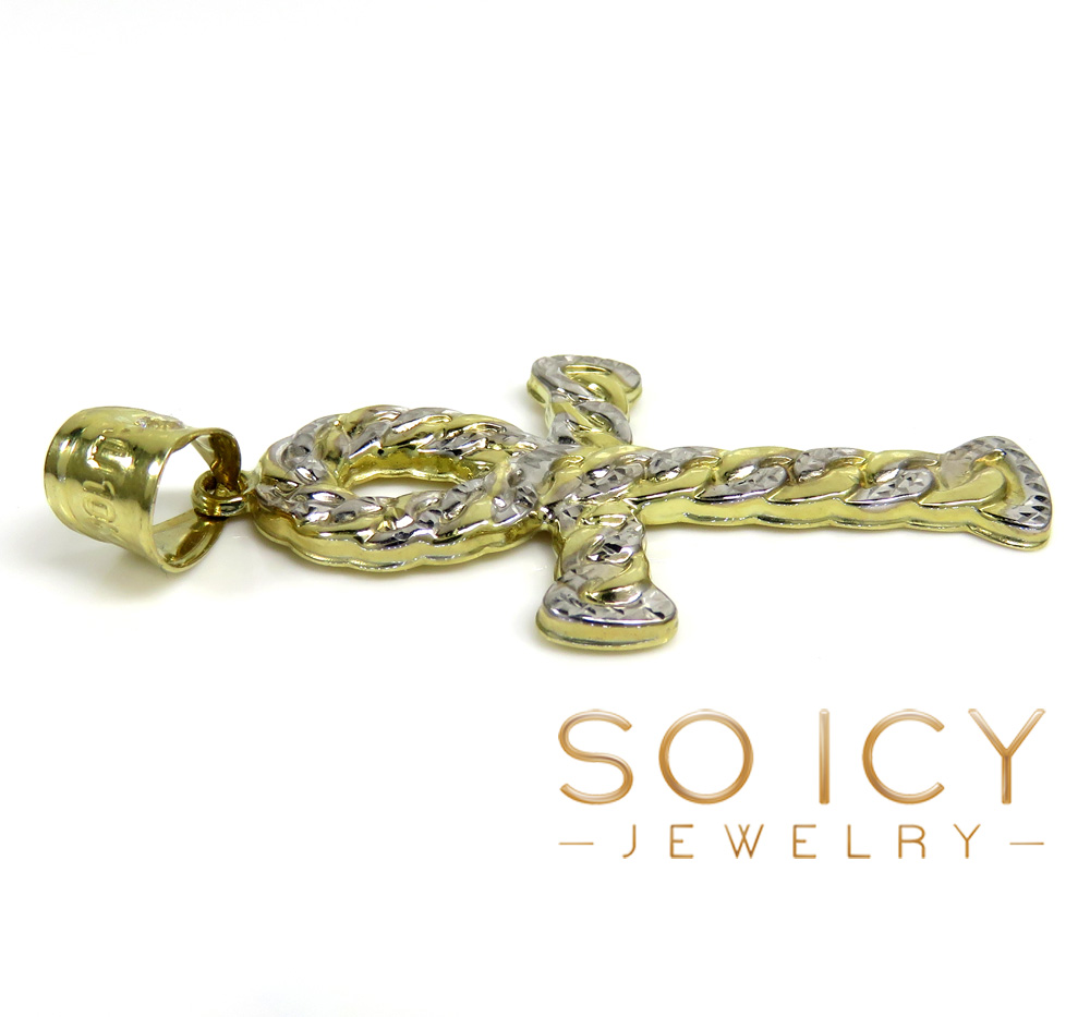 10k yellow gold small hollow diamond cut cuban ankh cross  - Image 3