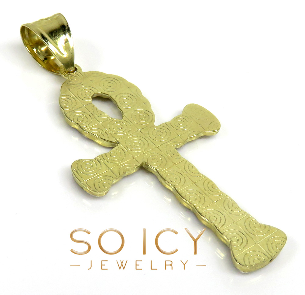 10k yellow gold small hollow diamond cut cuban ankh cross  - Image 4