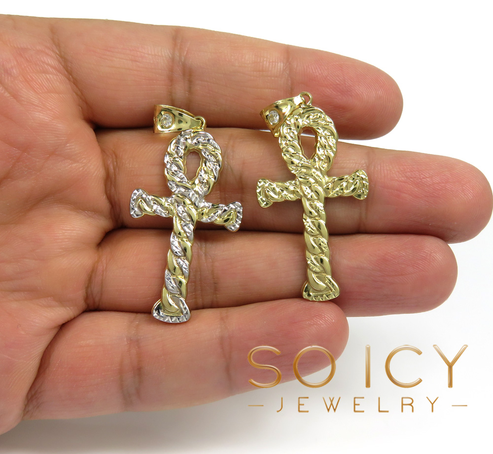 10k yellow gold small hollow diamond cut cuban ankh cross 