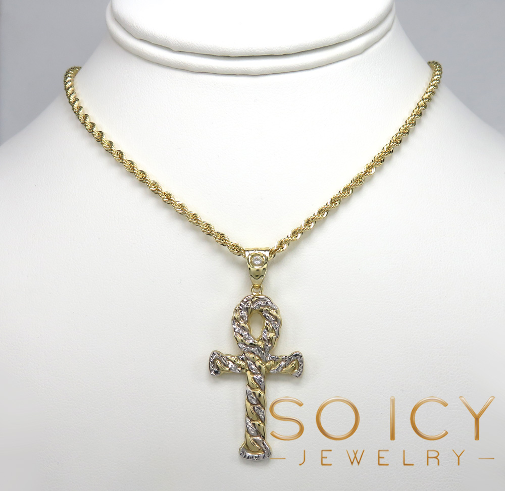 10k yellow gold small hollow diamond cut cuban ankh cross 