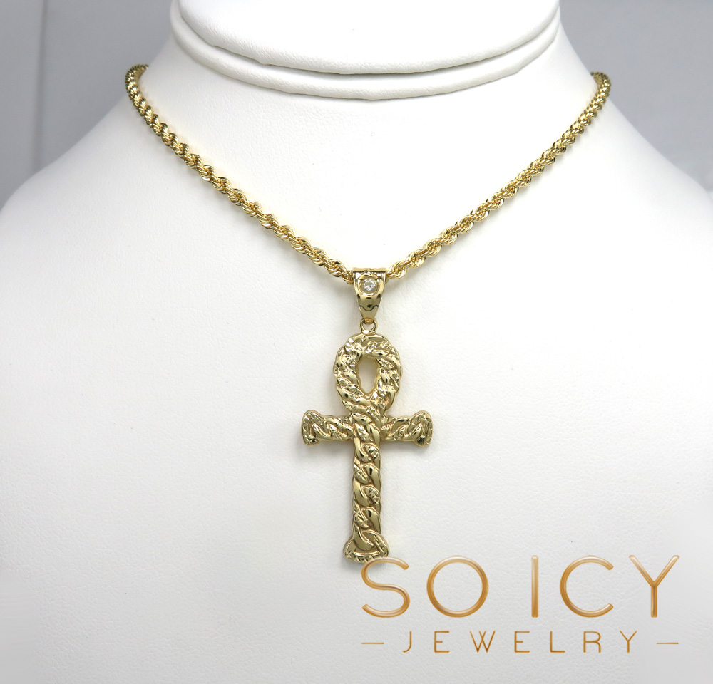 10k yellow gold small hollow diamond cut cuban ankh cross 