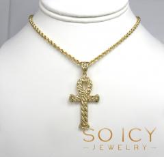 10k yellow gold small hollow diamond cut cuban ankh cross