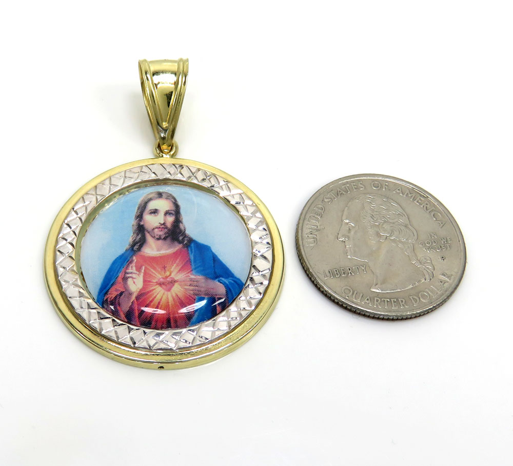 14k two tone gold round halo medium picture pendant 