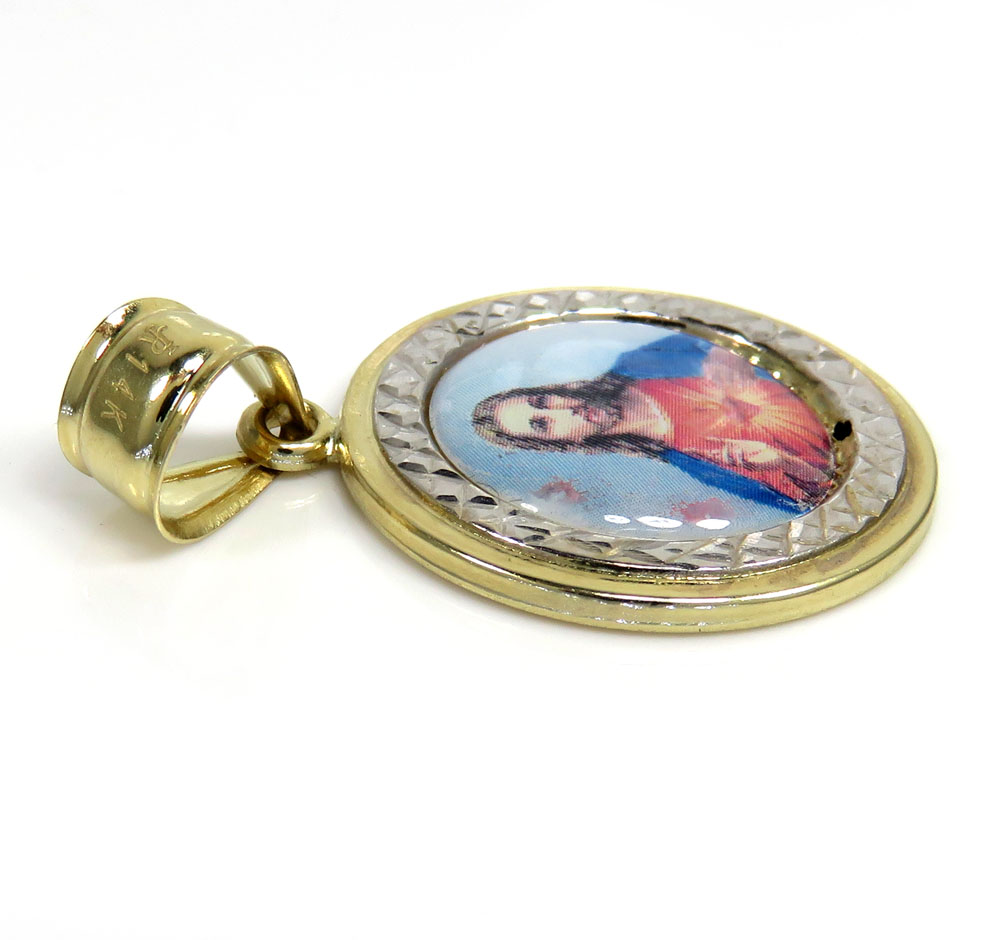 14k two tone gold round halo small picture pendant - Image 3