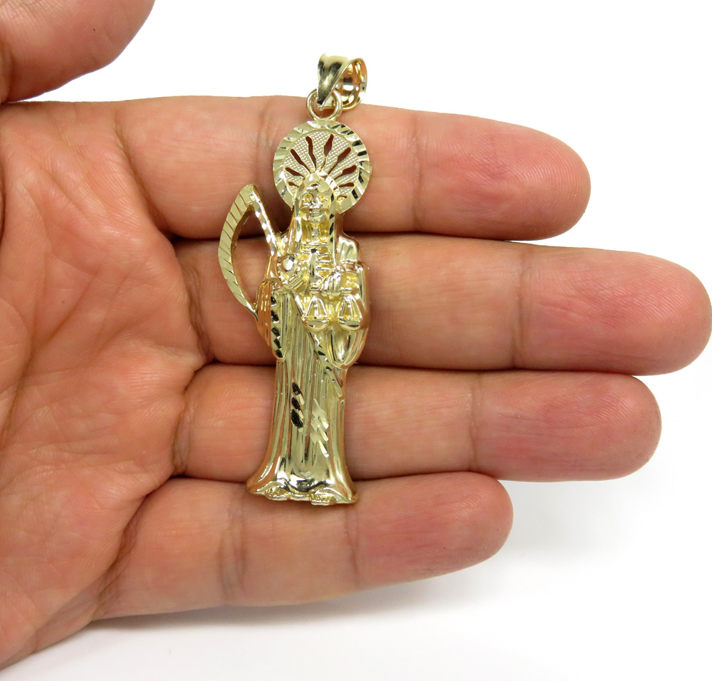 14k yellow gold large halo grim reaper pendant 