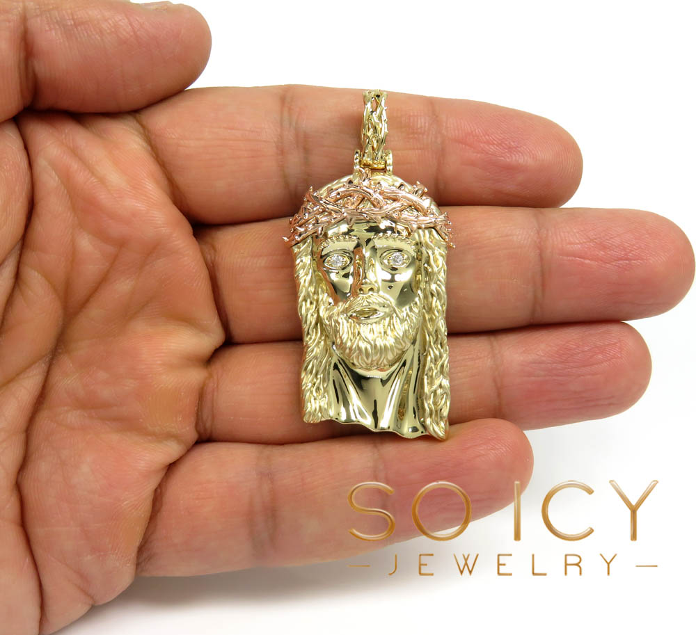 14k two tone gold large classic thorn jesus pendant 0.10ct