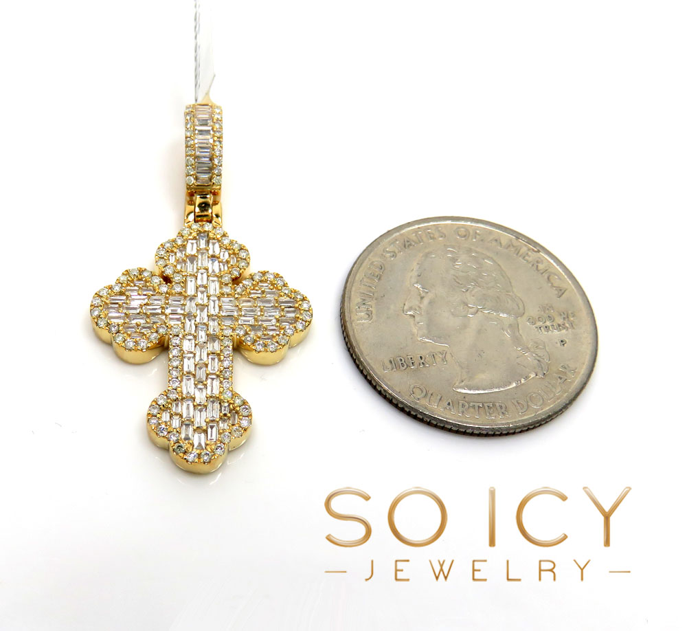 14k yellow gold round & baguette diamond cross 1.21ct