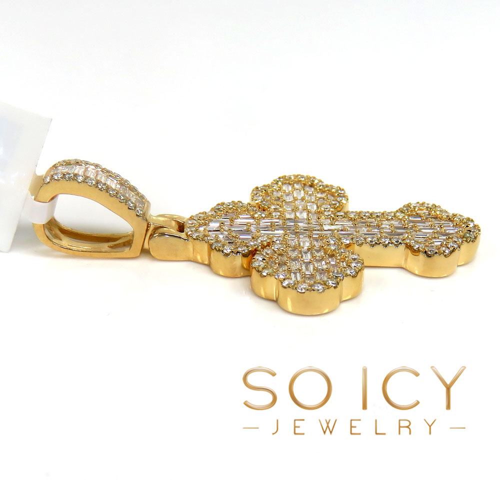 14k yellow gold round & baguette diamond cross 1.21ct