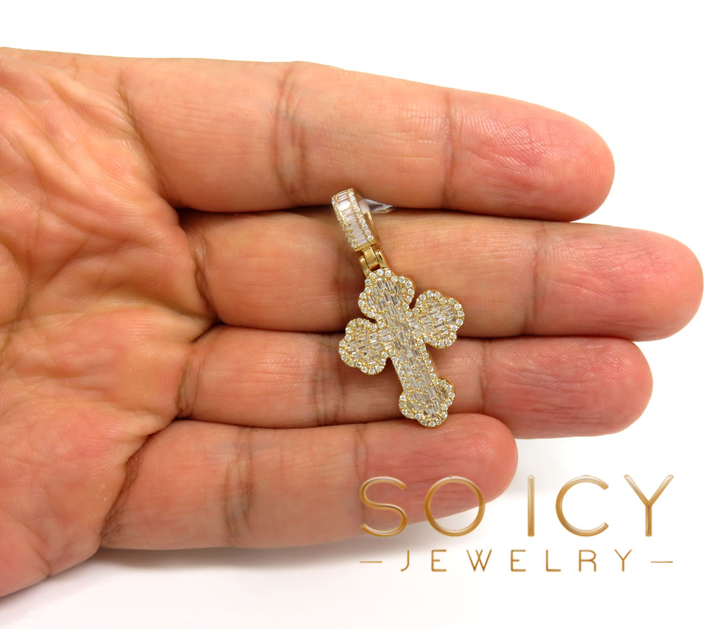 14k yellow gold round & baguette diamond cross 1.21ct