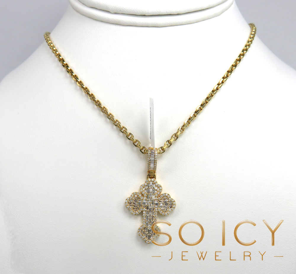 14k yellow gold round & baguette diamond cross 1.21ct