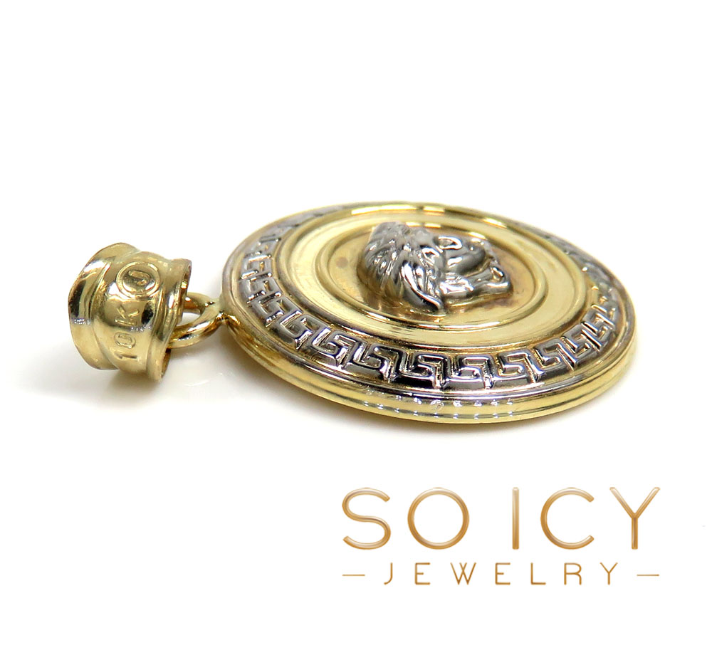10k two tone gold round halo medusa head pendant 