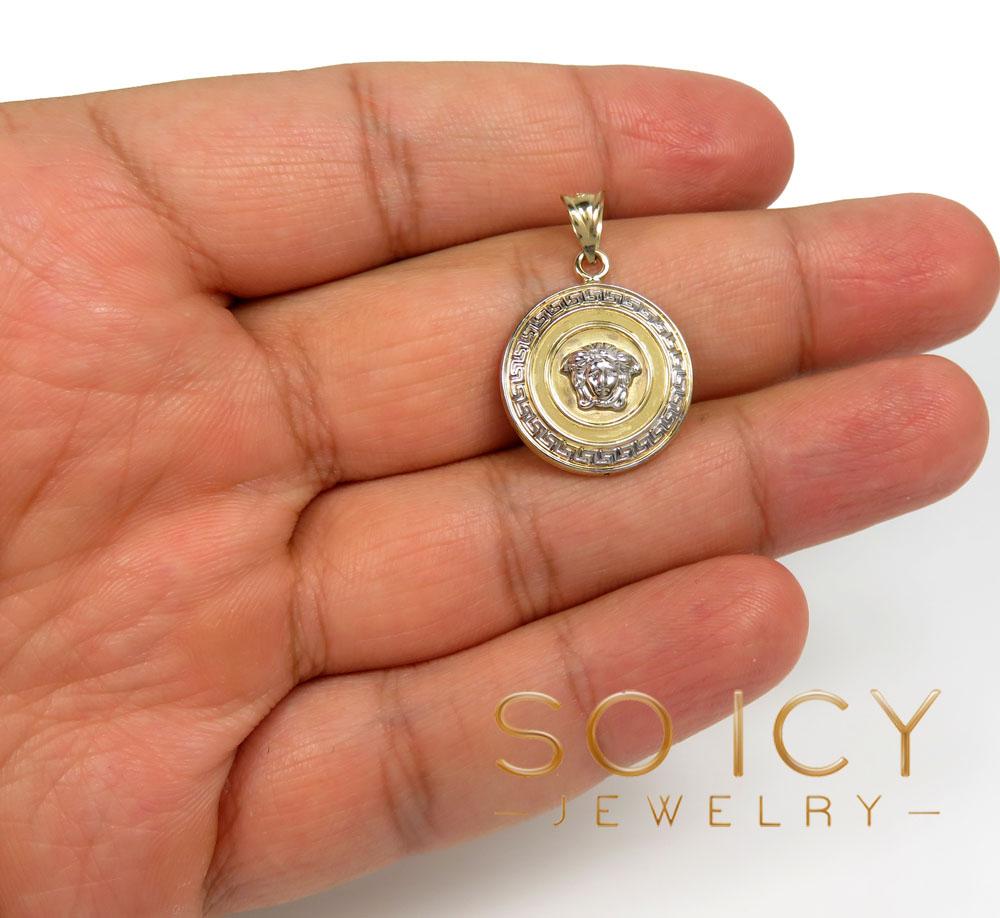 10k two tone gold round halo medusa head pendant 