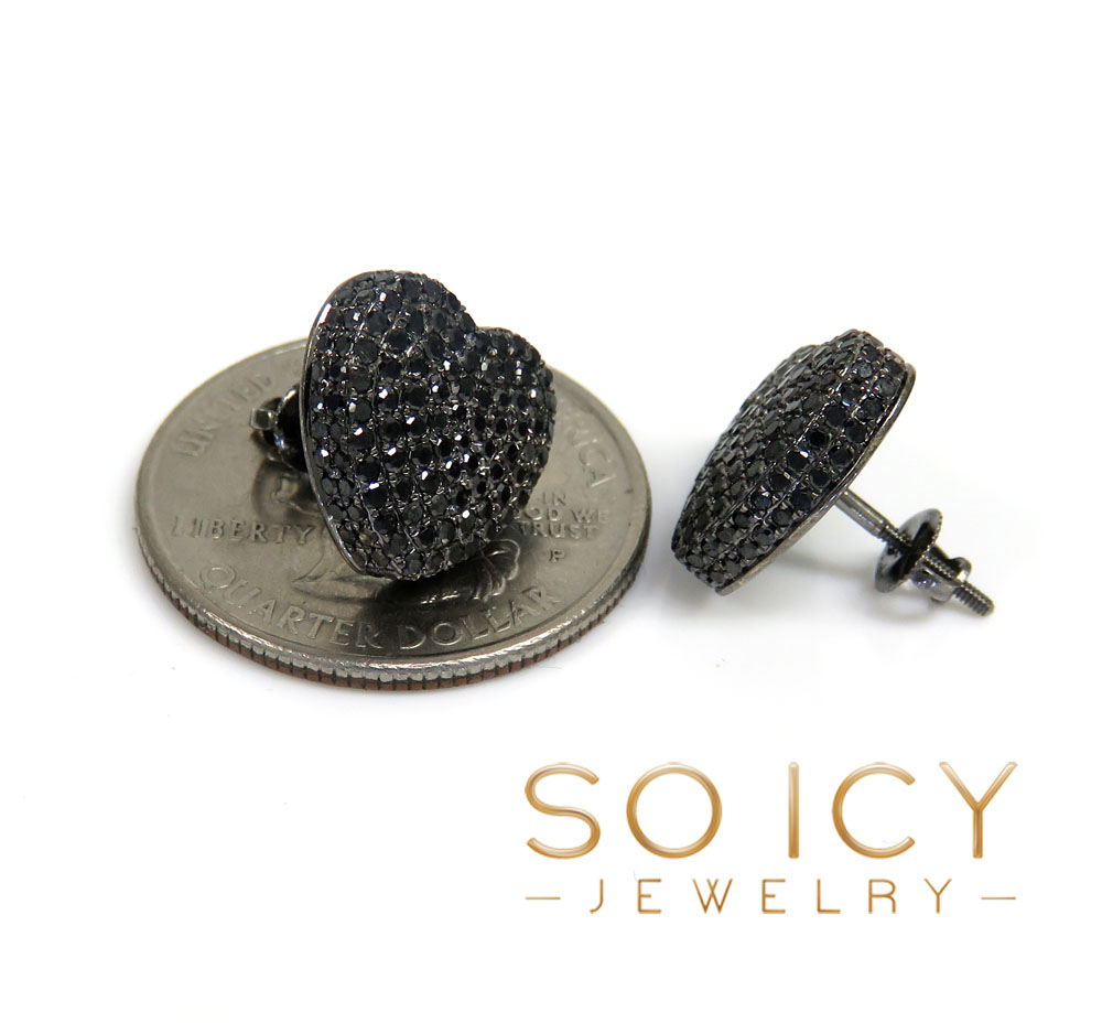 10k black gold black diamond pave heart earrings 1.56ct