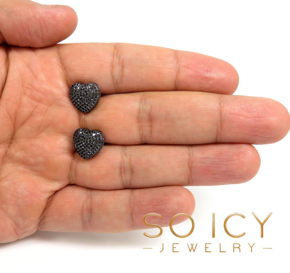 10k black gold black diamond pave heart earrings 1.56ct