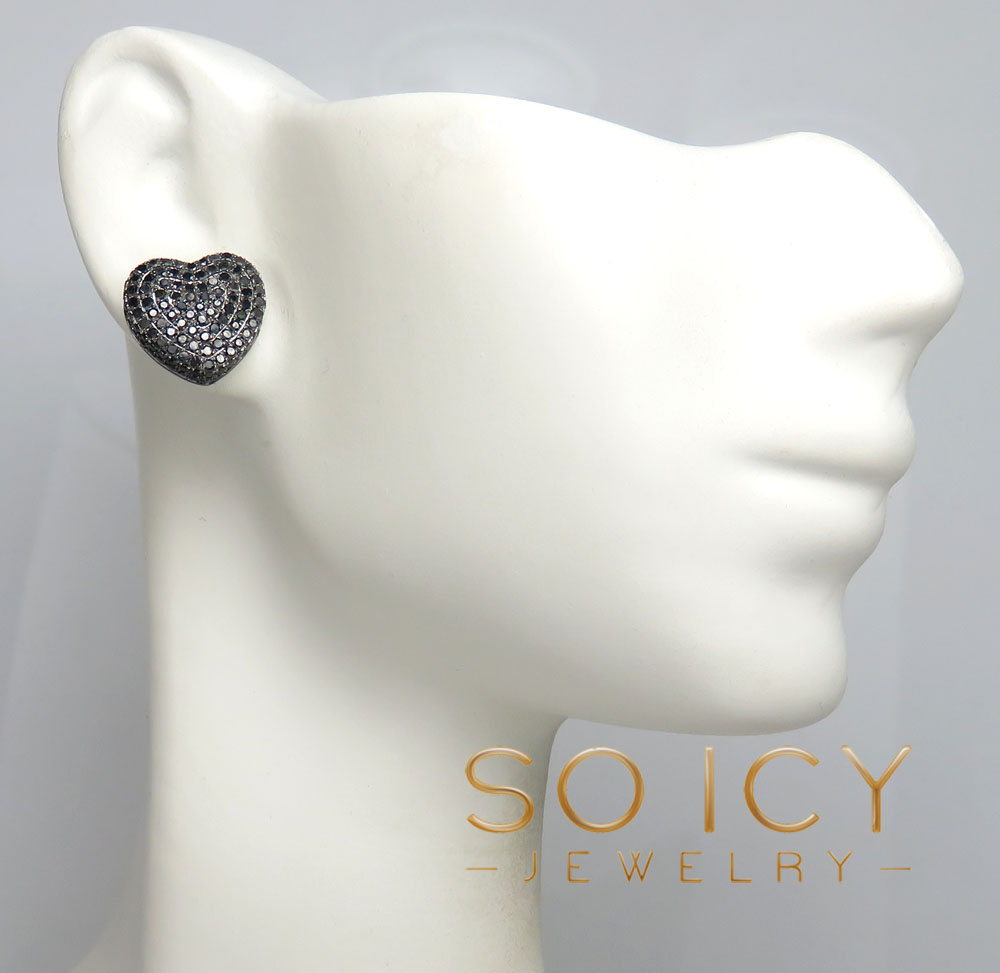 10k black gold black diamond pave heart earrings 1.56ct