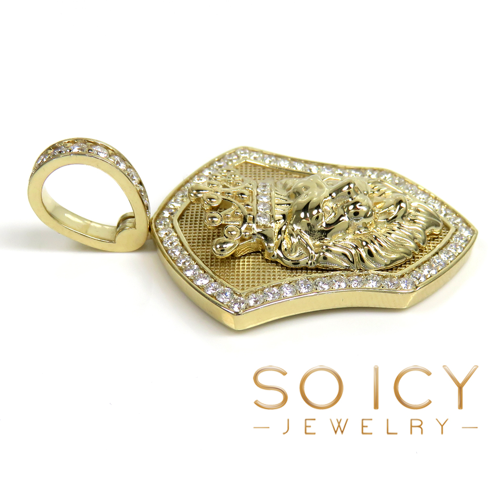 14k gold medium diamond lion shield pendant 1.25ct 