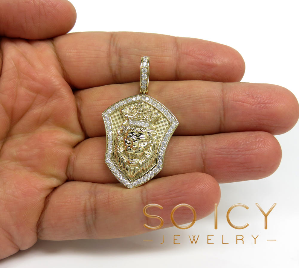 14k gold medium diamond lion shield pendant 1.25ct 