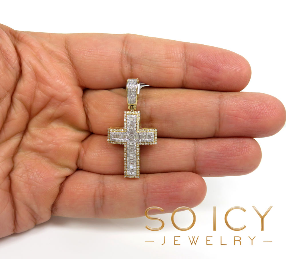 14k two tone gold baguette diamond medium double layered cross 0.86ct - Image 5