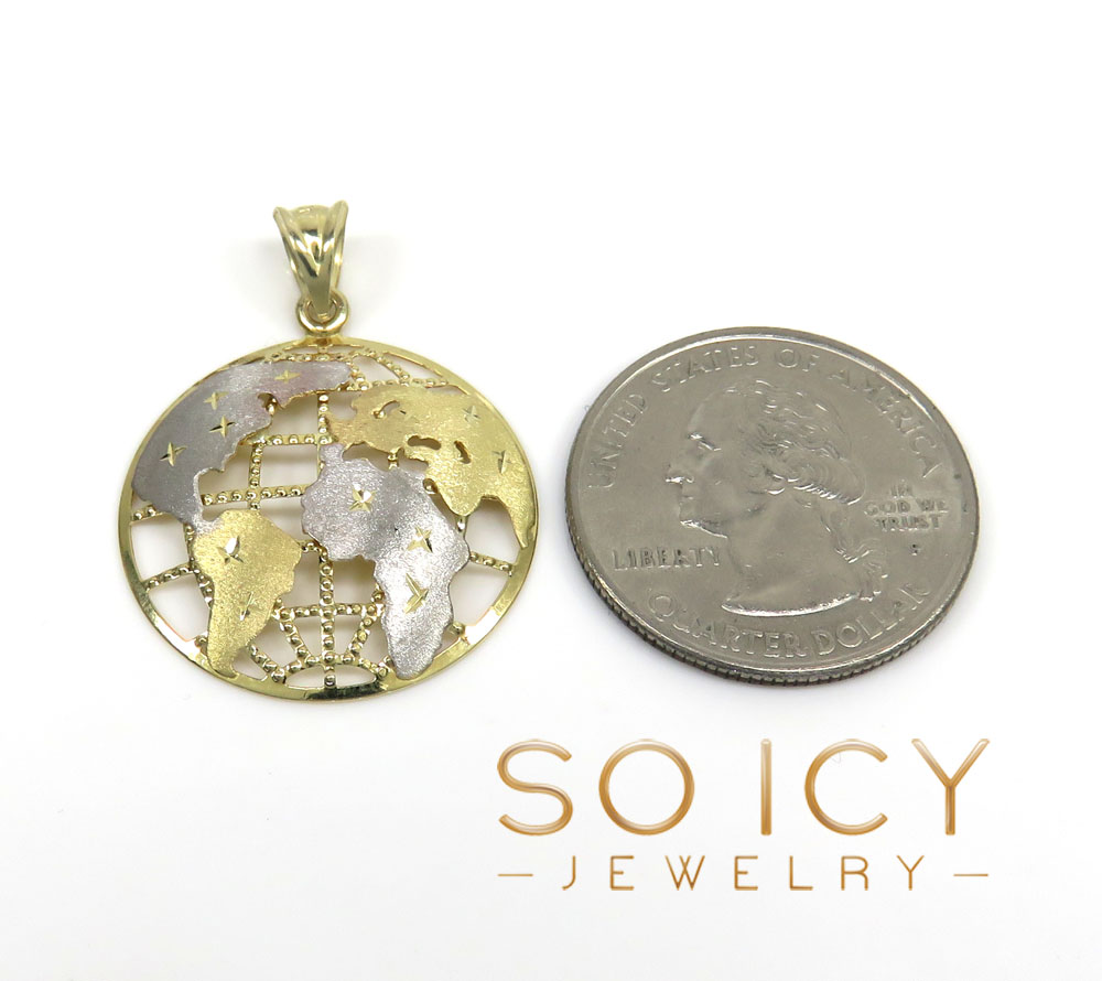 14k two tone gold medium diamond cut world pendant