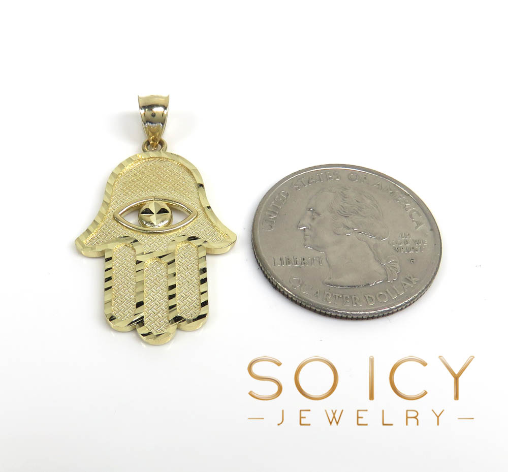14k yellow gold diamond cut medium hamsa pendant 