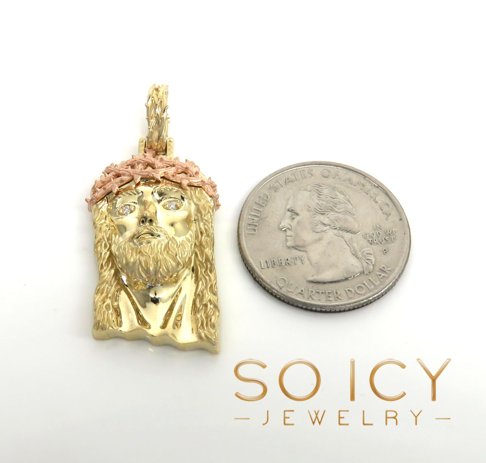14k two tone gold medium classic thorn jesus pendant 0.03ct