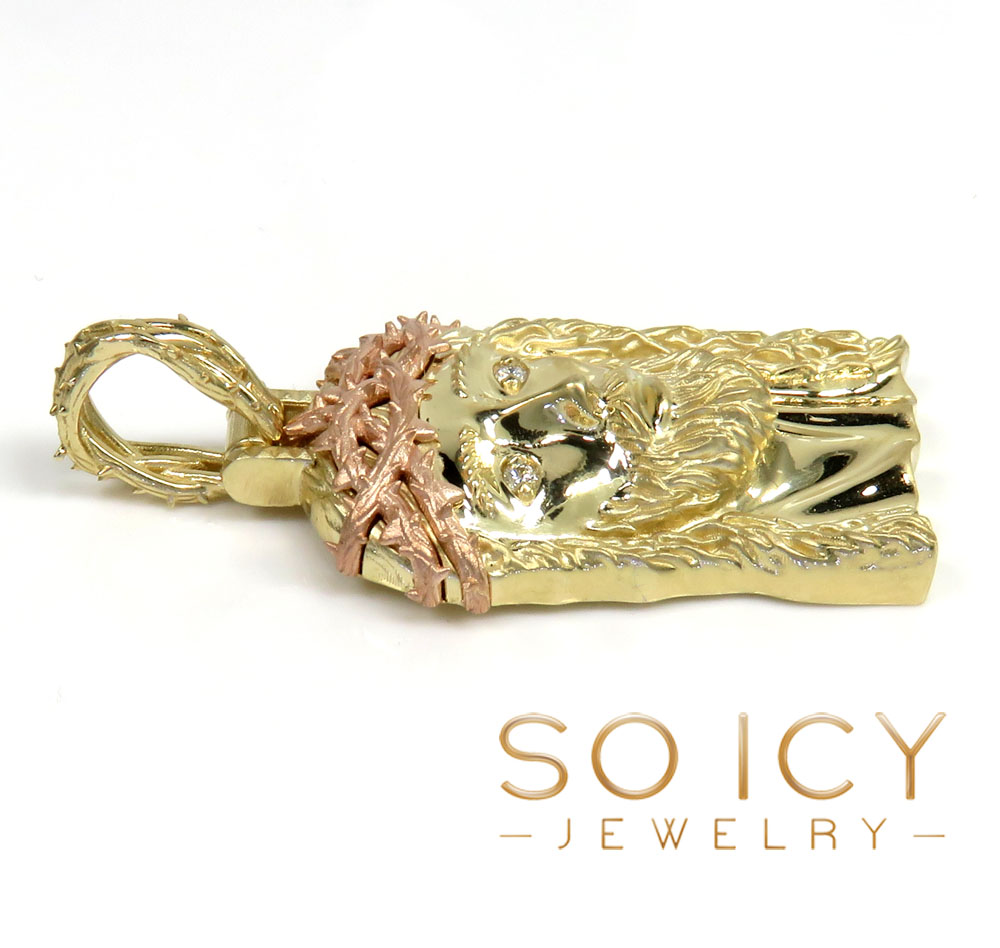 14k two tone gold medium classic thorn jesus pendant 0.03ct - Image 3
