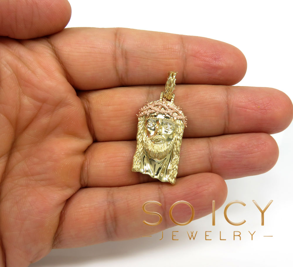 14k two tone gold medium classic thorn jesus pendant 0.03ct - Image 5