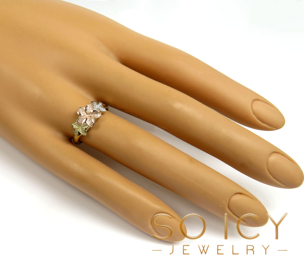 14k tri color three flower ring 