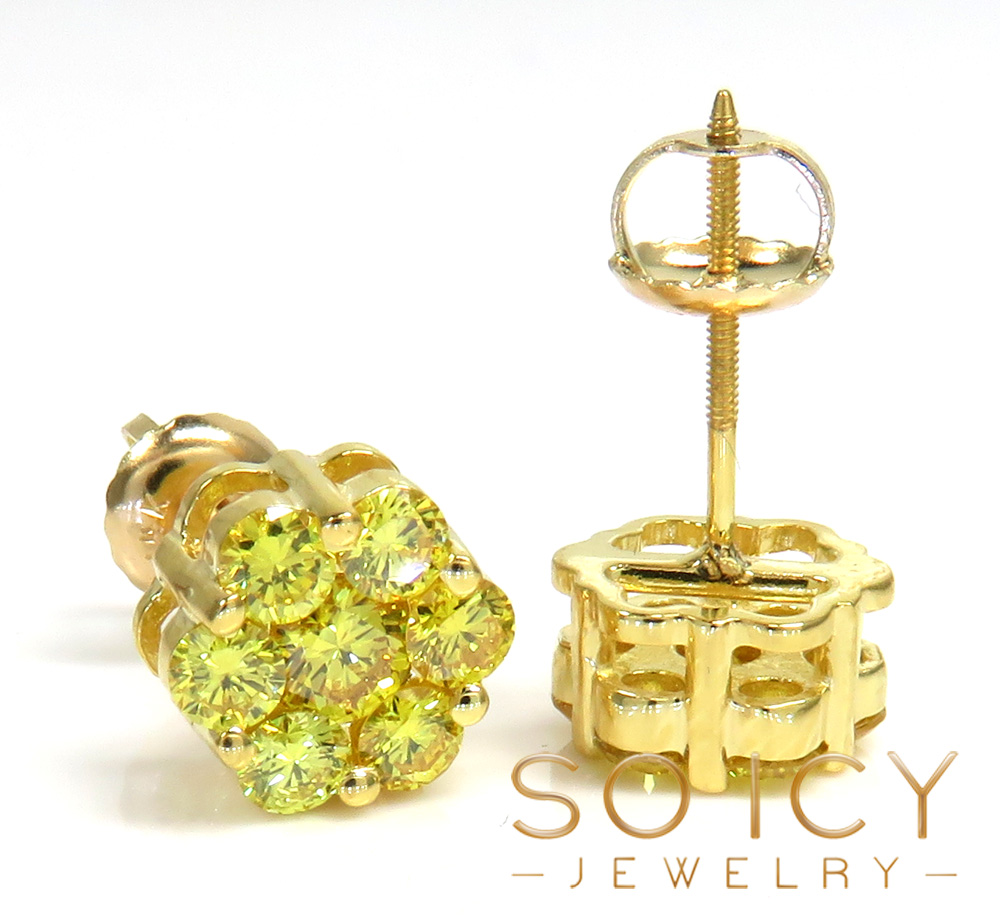 14k gold round 14 canary diamond cluster 8mm earrings 1.25ct - Image 2