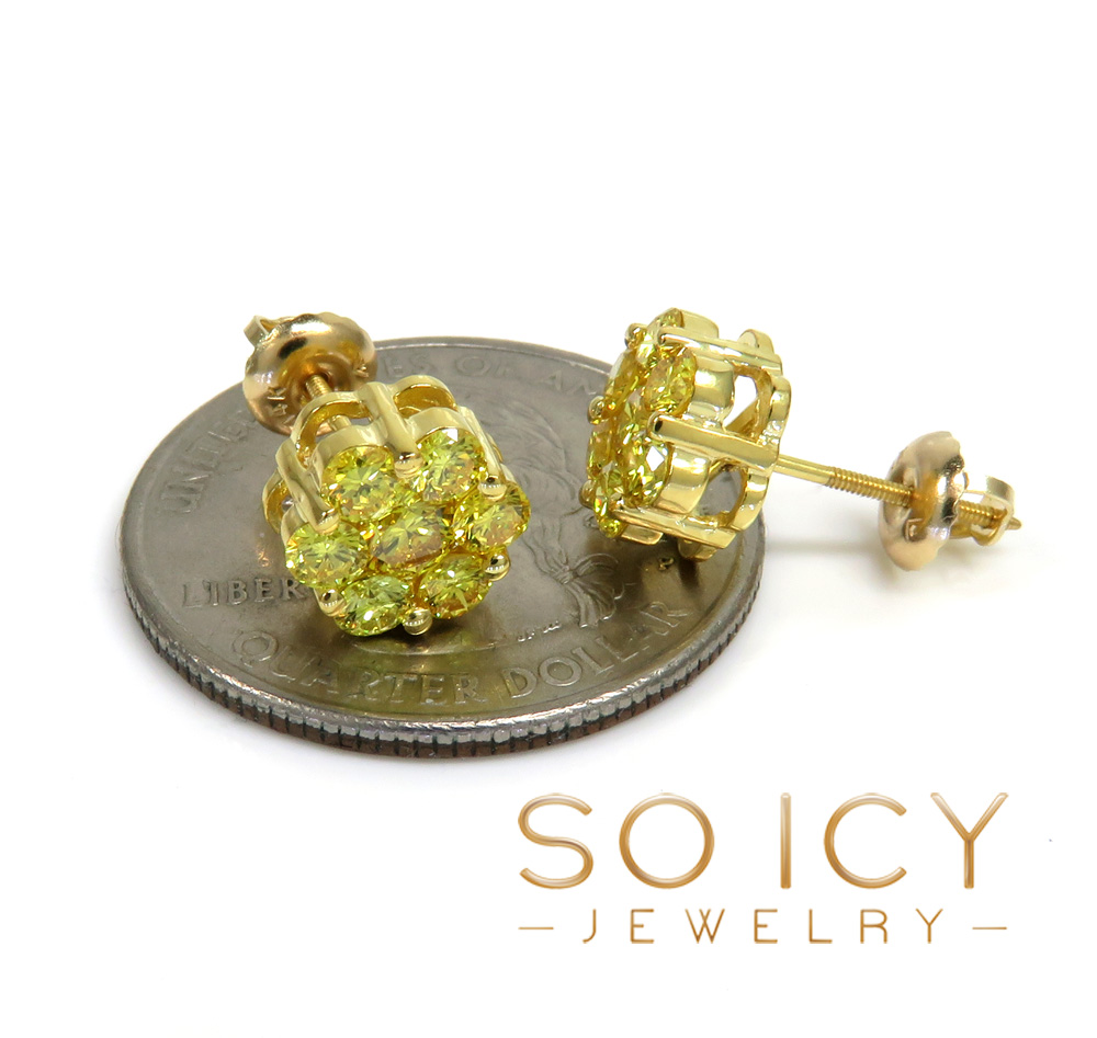14k gold round 14 canary diamond cluster 8mm earrings 1.25ct