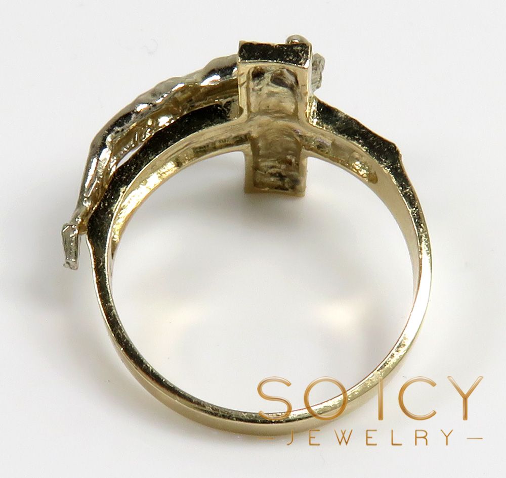14k two tone gold hanging jesus cross ring 