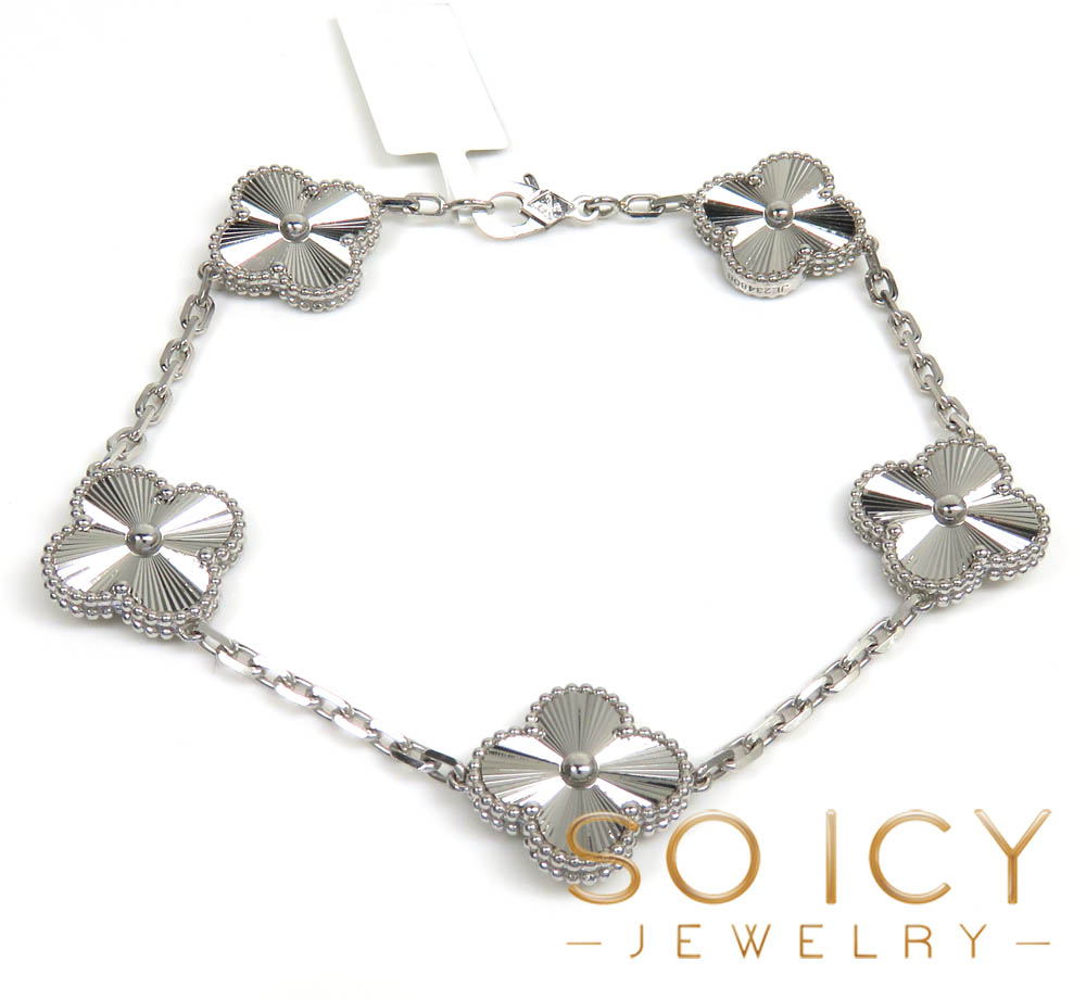 18k white or yellow gold solid clover leaf bracelet 7.50