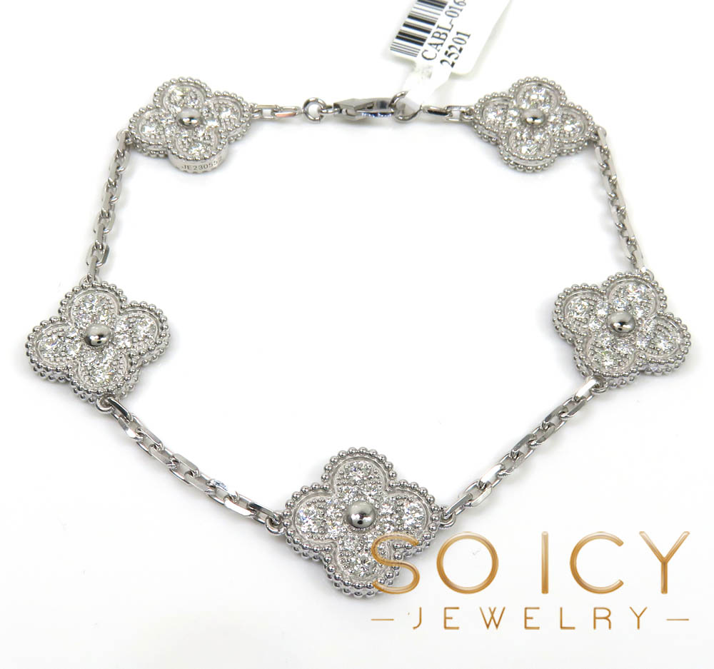 18k white or yellow gold solid diamond clover leaf bracelet 7.50