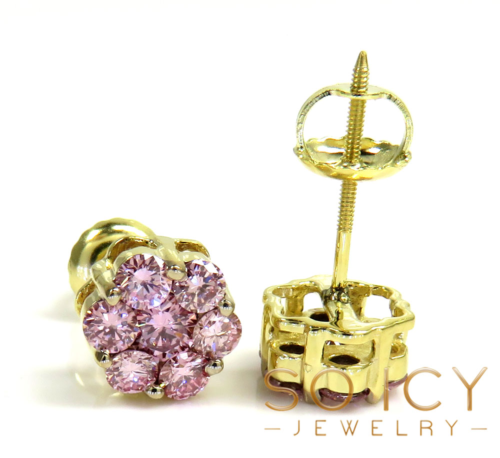 14k gold round 14 pink diamond cluster 7mm earrings 1.00ct - Image 2