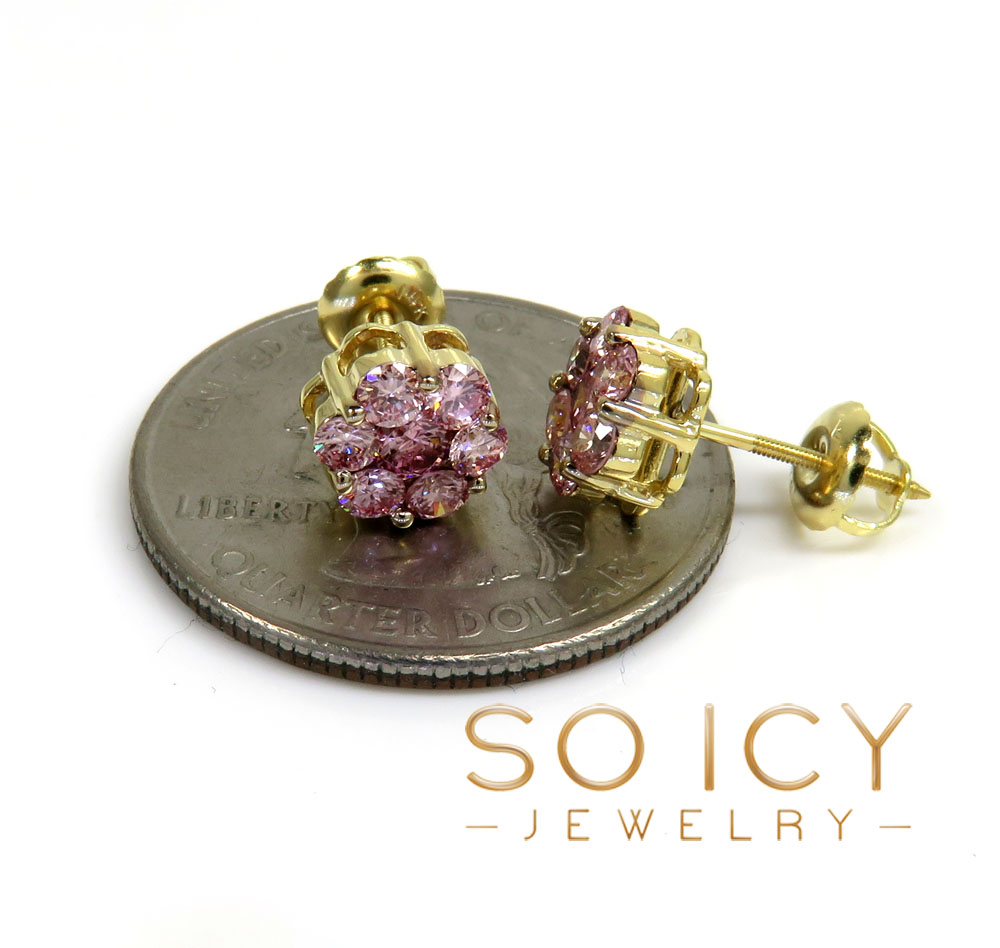 14k gold round 14 pink diamond cluster 7mm earrings 1.00ct - Image 3