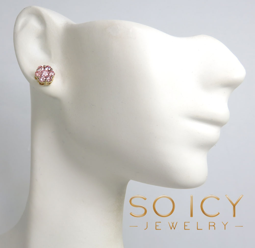 14k gold round 14 pink diamond cluster 7mm earrings 1.00ct