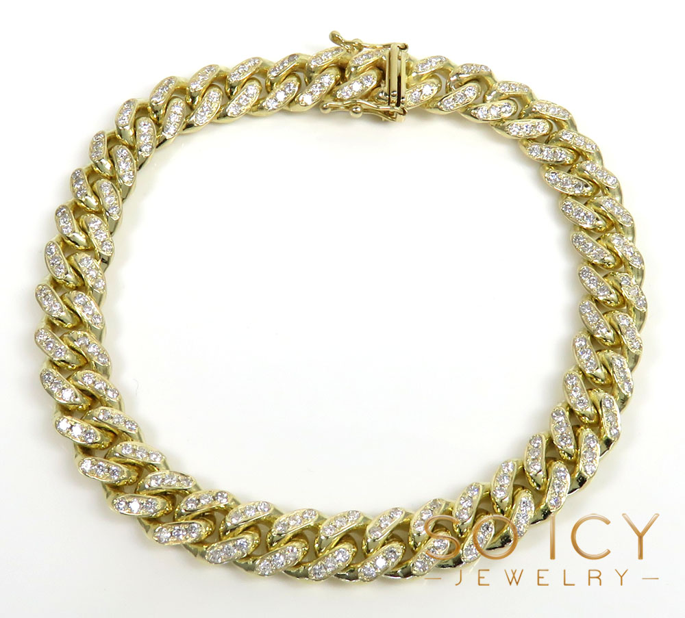 14k solid yellow gold diamond miami bracelet 7.50inch 8.20mm 3.00ct