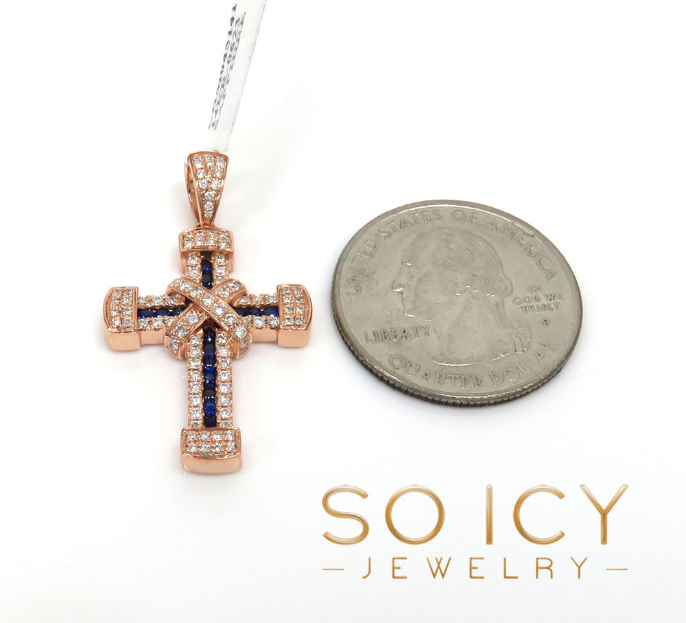14k gold round diamond & sapphire small royalty cross 0.80ct 