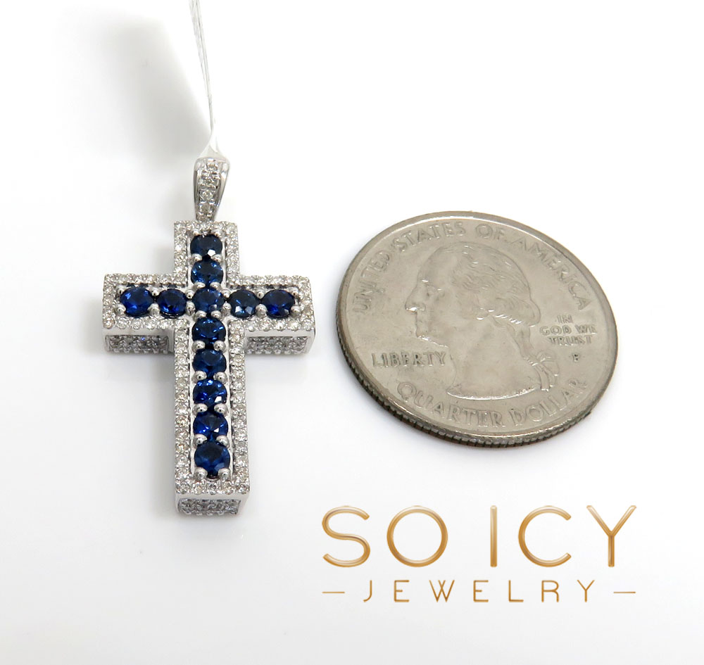 14k gold round diamond & sapphire small cross 2.05ct